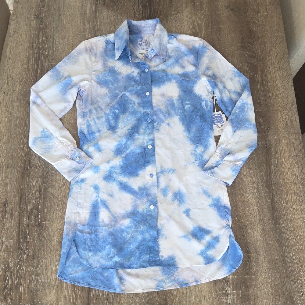 NEW! SUN50 Blue & White Tie-Dye Button-Up Beach Swim Cover Up Shirt Dress XS - Picture 2 of 11